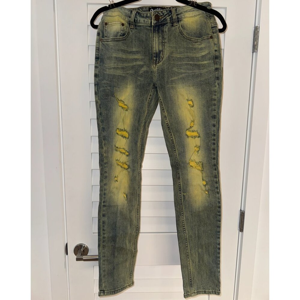 Qualified Denim Mens Distressed Skinny Jeans (Green Glow on Denim, Size 30)